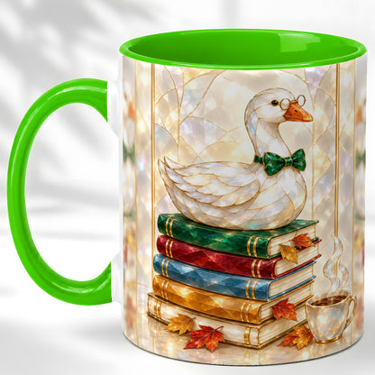 #pl[11oz|Green] Bookish Bird Coffee Mug, Autumn Reader Mug, Ceramic Cup for Cozy Desks