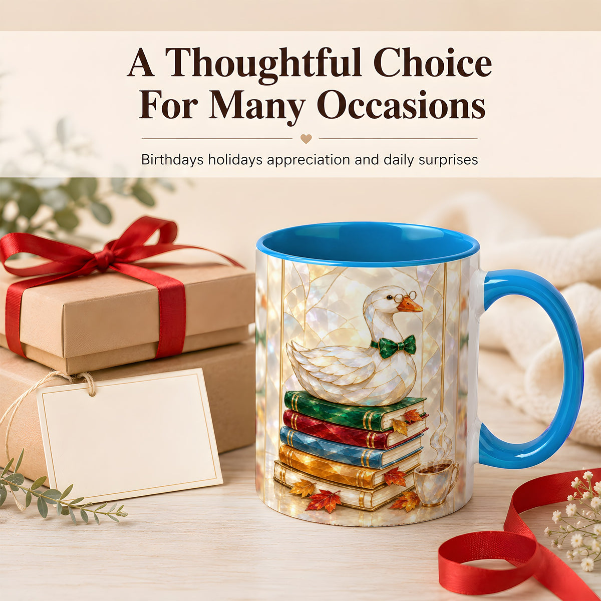 #pl[11oz|Blue] Bookish Bird Coffee Mug, Autumn Reader Mug, Ceramic Cup for Cozy Desks