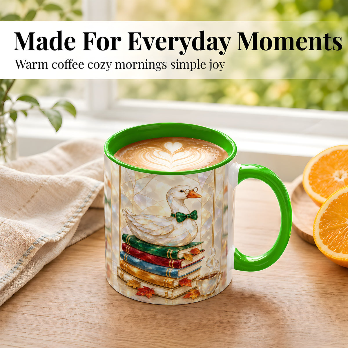 #pl[11oz|Green] Bookish Bird Coffee Mug, Autumn Reader Mug, Ceramic Cup for Cozy Desks