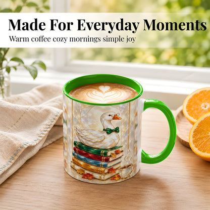 #pl[11oz|Green] Bookish Bird Coffee Mug, Autumn Reader Mug, Ceramic Cup for Cozy Desks
