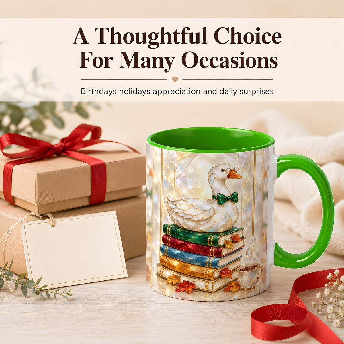 #pl[11oz|Green] Bookish Bird Coffee Mug, Autumn Reader Mug, Ceramic Cup for Cozy Desks