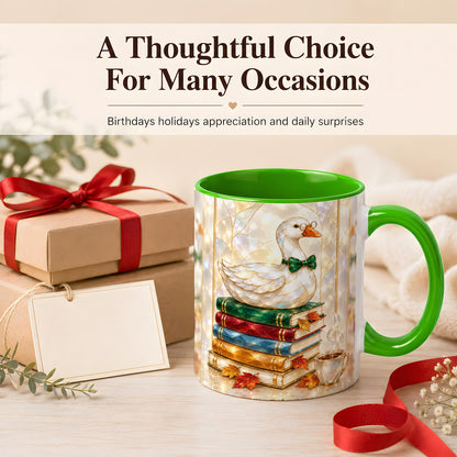 #pl[11oz|Green] Bookish Bird Coffee Mug, Autumn Reader Mug, Ceramic Cup for Cozy Desks