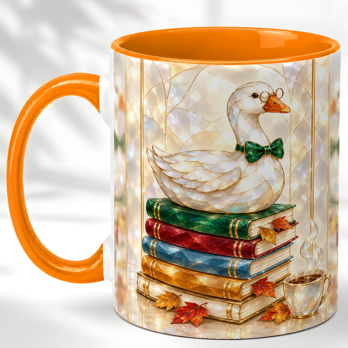 #pl[11oz|Orange] Bookish Bird Coffee Mug, Autumn Reader Mug, Ceramic Cup for Cozy Desks
