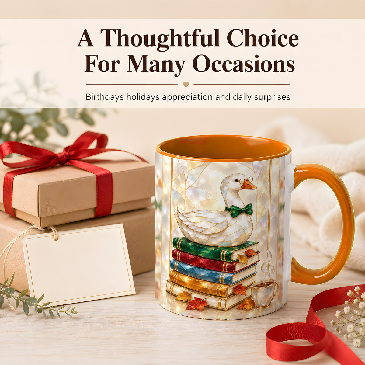 #pl[11oz|Orange] Bookish Bird Coffee Mug, Autumn Reader Mug, Ceramic Cup for Cozy Desks