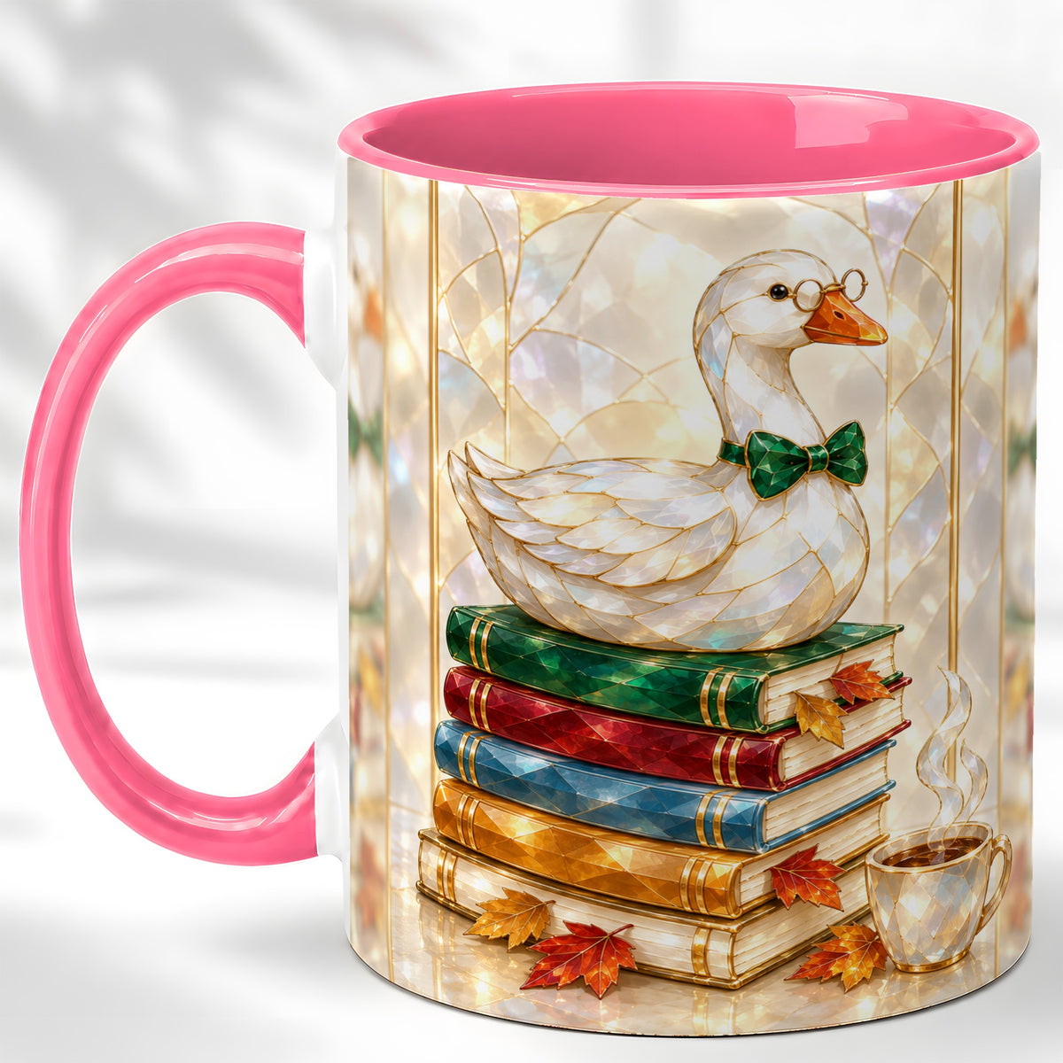 #pl[11oz|Pink] Bookish Bird Coffee Mug, Autumn Reader Mug, Ceramic Cup for Cozy Desks