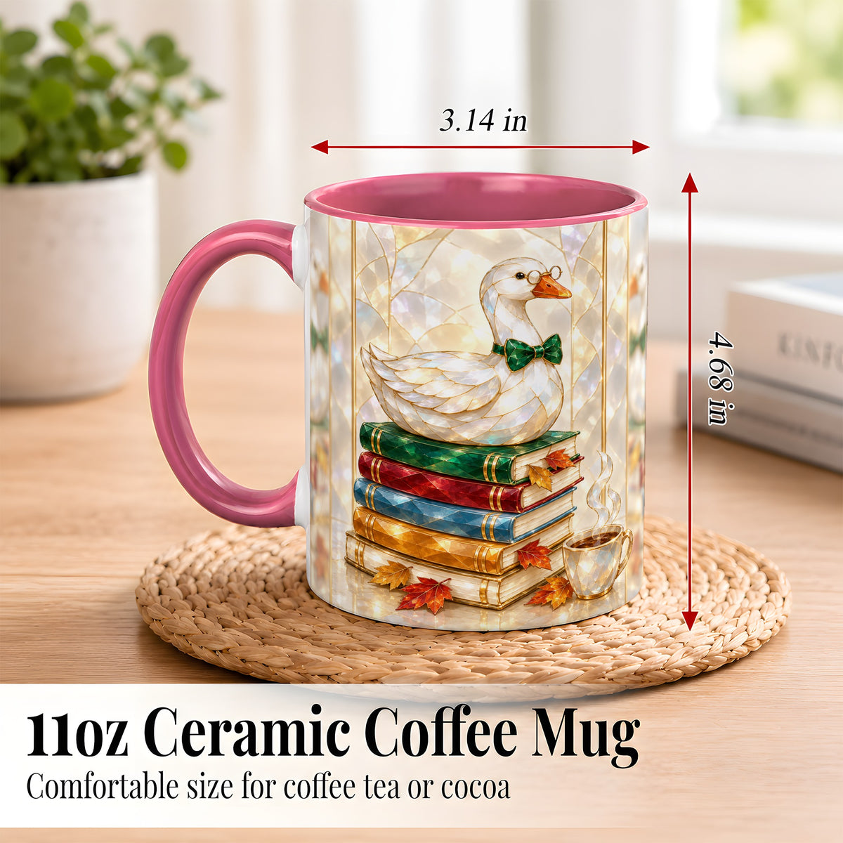 #pl[11oz|Pink] Bookish Bird Coffee Mug, Autumn Reader Mug, Ceramic Cup for Cozy Desks