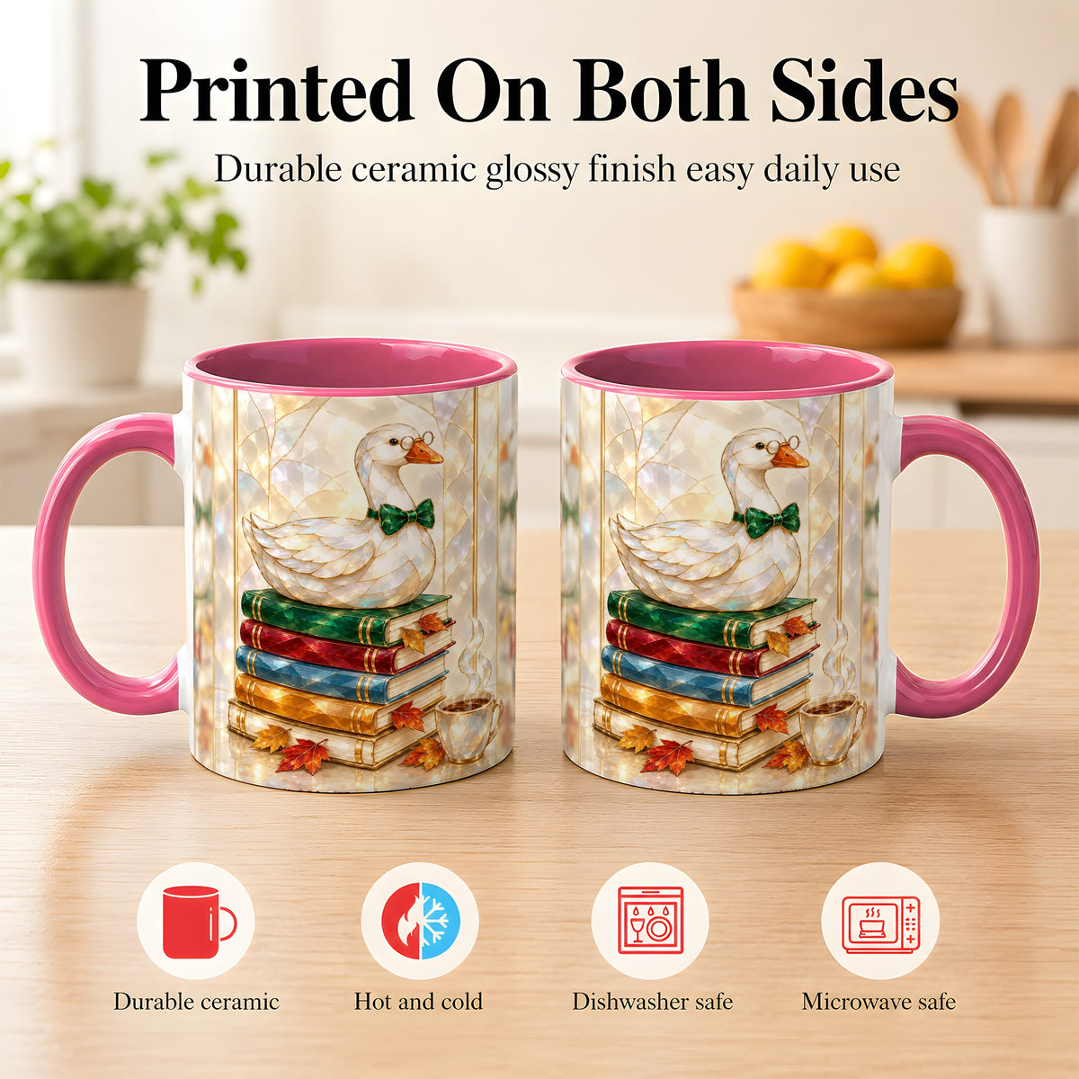 #pl[11oz|Pink] Bookish Bird Coffee Mug, Autumn Reader Mug, Ceramic Cup for Cozy Desks