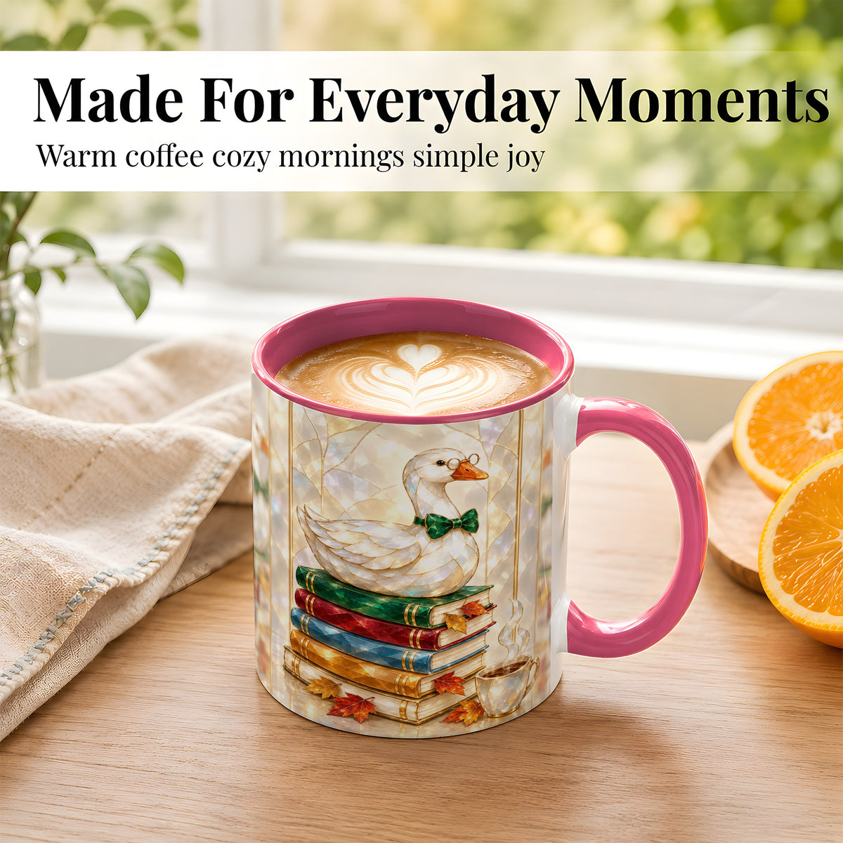 #pl[11oz|Pink] Bookish Bird Coffee Mug, Autumn Reader Mug, Ceramic Cup for Cozy Desks