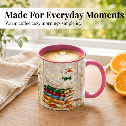 #pl[11oz|Pink] Bookish Bird Coffee Mug, Autumn Reader Mug, Ceramic Cup for Cozy Desks