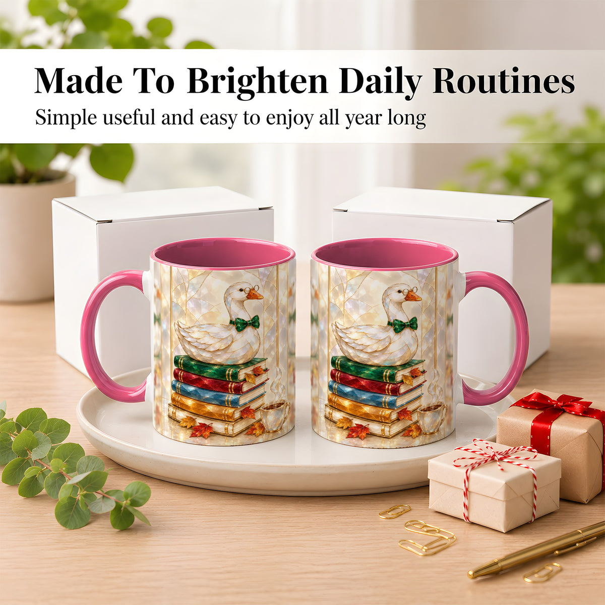 #pl[11oz|Pink] Bookish Bird Coffee Mug, Autumn Reader Mug, Ceramic Cup for Cozy Desks