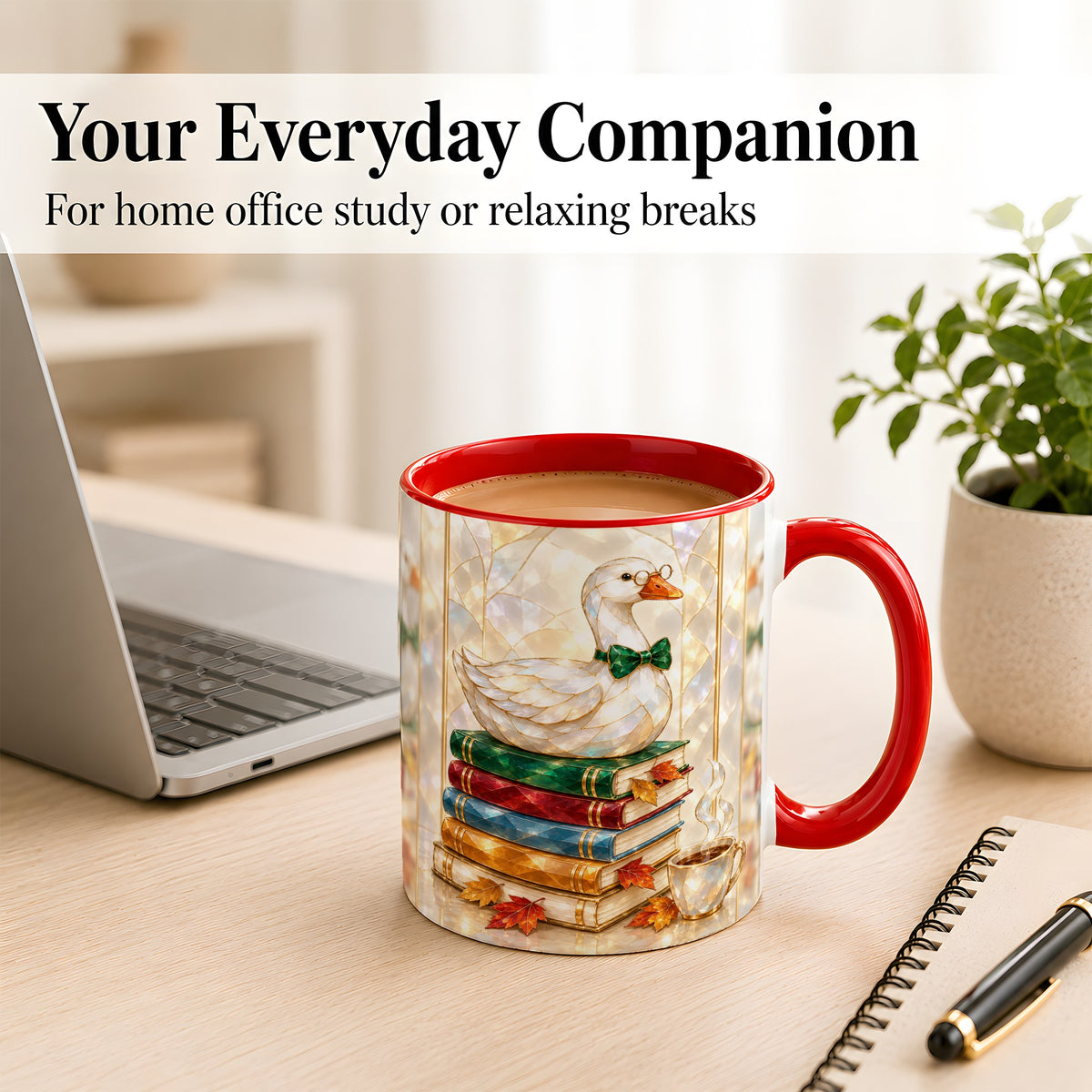 #pl[11oz|Red] Bookish Bird Coffee Mug, Autumn Reader Mug, Ceramic Cup for Cozy Desks