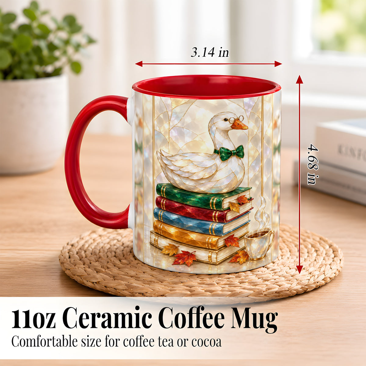#pl[11oz|Red] Bookish Bird Coffee Mug, Autumn Reader Mug, Ceramic Cup for Cozy Desks