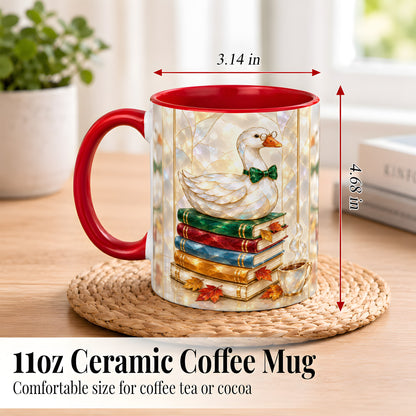 #pl[11oz|Red] Bookish Bird Coffee Mug, Autumn Reader Mug, Ceramic Cup for Cozy Desks