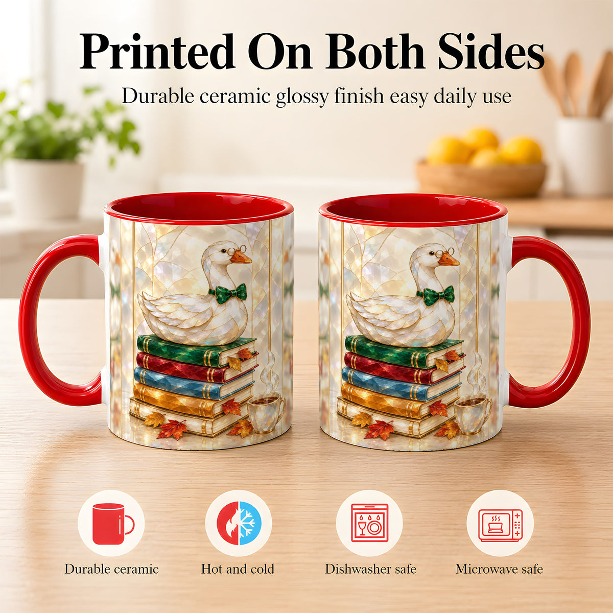 #pl[11oz|Red] Bookish Bird Coffee Mug, Autumn Reader Mug, Ceramic Cup for Cozy Desks
