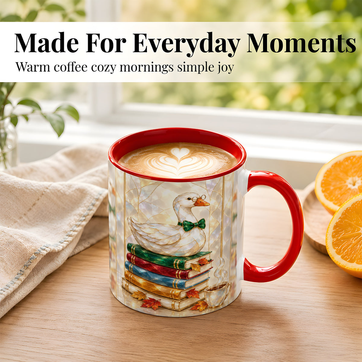 #pl[11oz|Red] Bookish Bird Coffee Mug, Autumn Reader Mug, Ceramic Cup for Cozy Desks