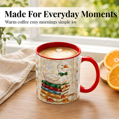 #pl[11oz|Red] Bookish Bird Coffee Mug, Autumn Reader Mug, Ceramic Cup for Cozy Desks