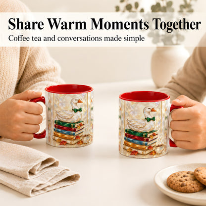 #pl[11oz|Red] Bookish Bird Coffee Mug, Autumn Reader Mug, Ceramic Cup for Cozy Desks