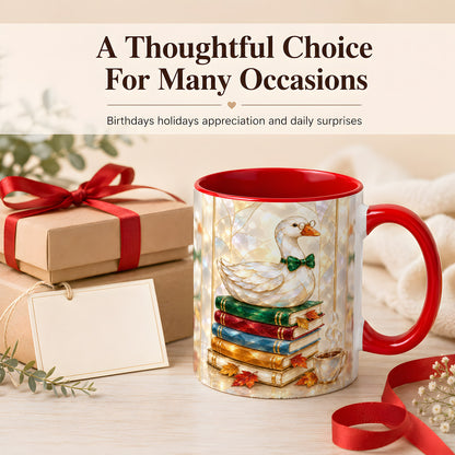#pl[11oz|Red] Bookish Bird Coffee Mug, Autumn Reader Mug, Ceramic Cup for Cozy Desks