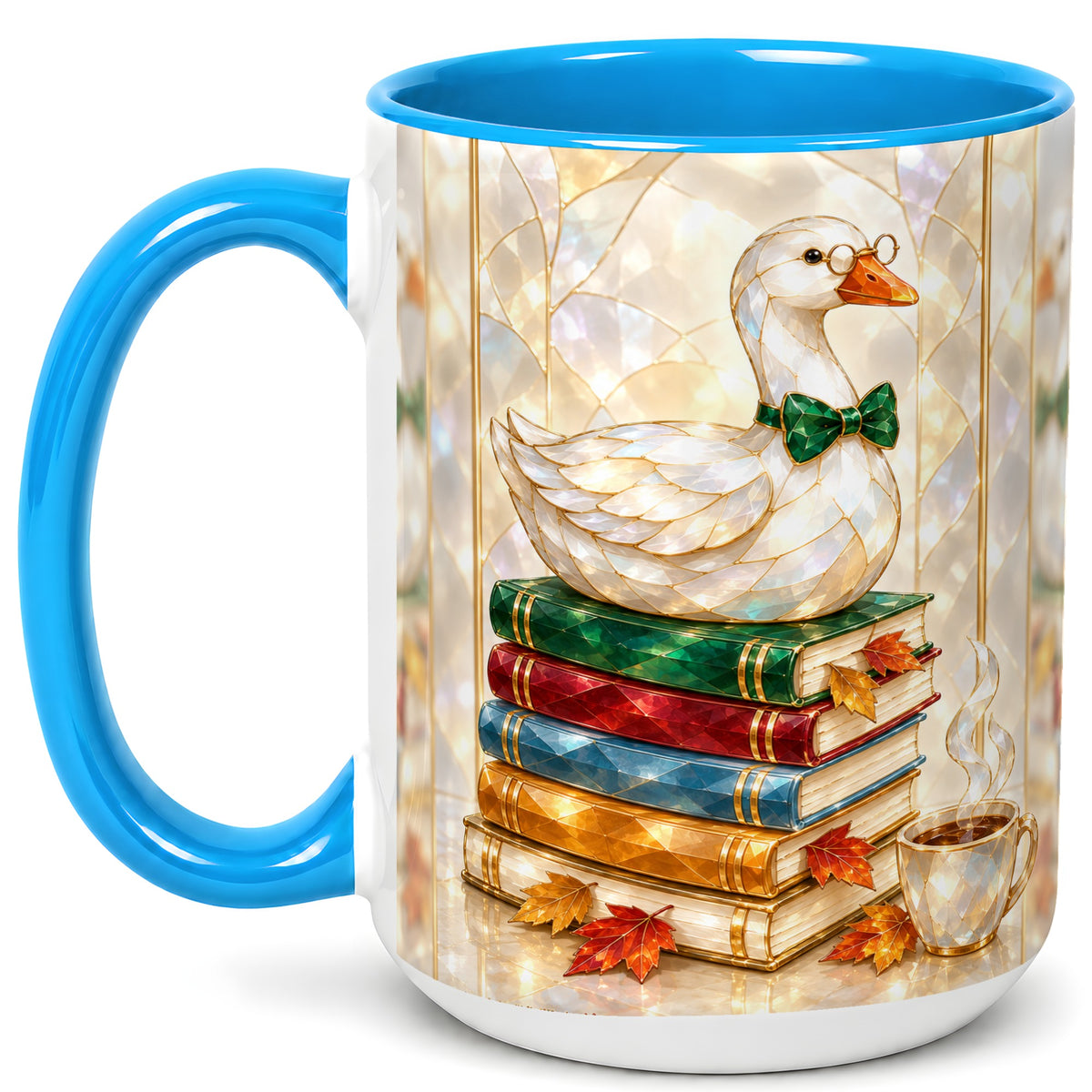 #pl[15oz|Blue] Bookish Bird Coffee Mug, Autumn Reader Mug, Ceramic Cup for Cozy Desks
