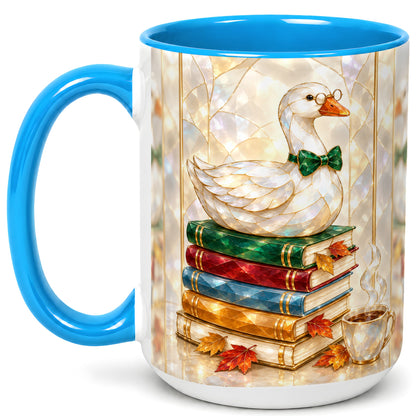 #pl[15oz|Blue] Bookish Bird Coffee Mug, Autumn Reader Mug, Ceramic Cup for Cozy Desks