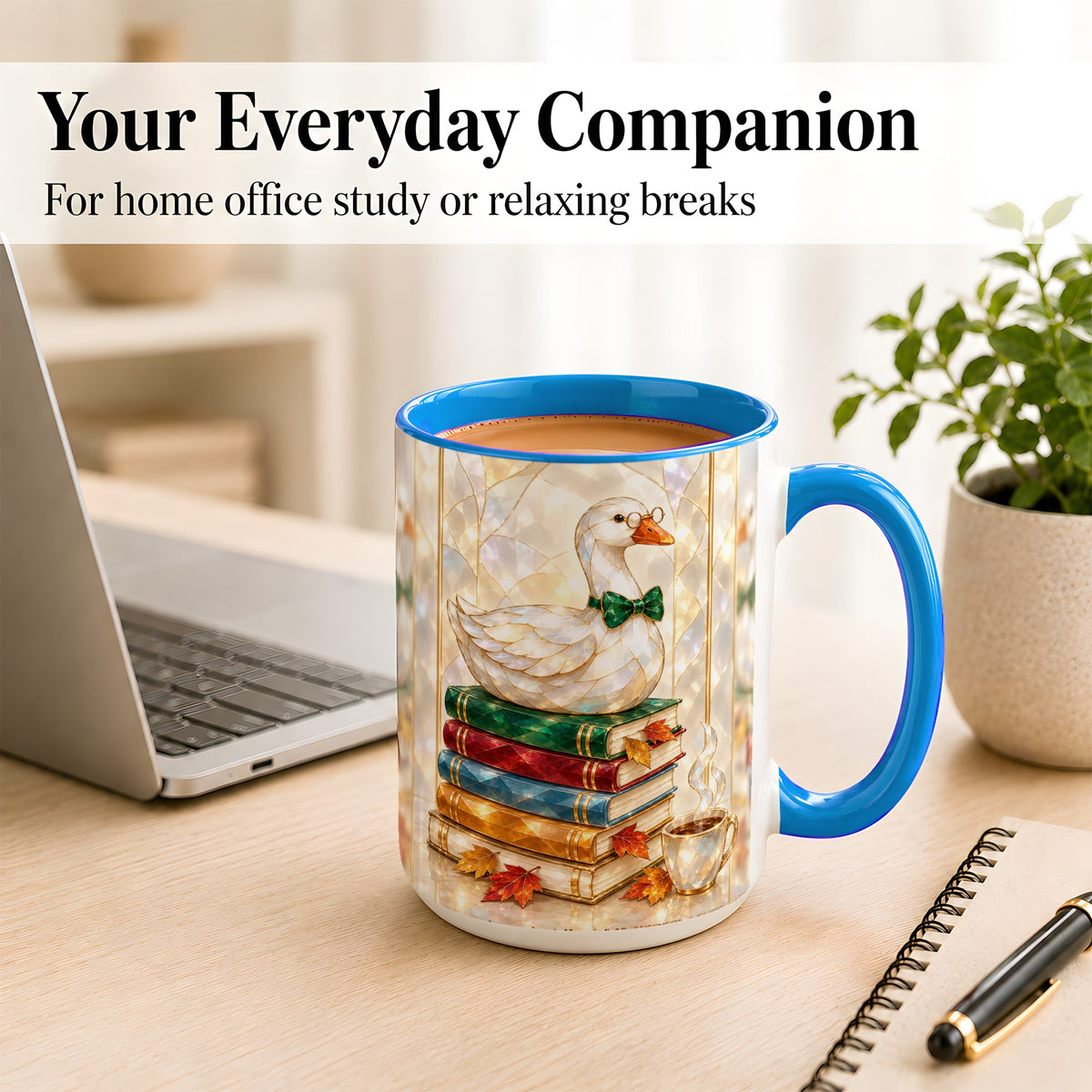 #pl[15oz|Blue] Bookish Bird Coffee Mug, Autumn Reader Mug, Ceramic Cup for Cozy Desks