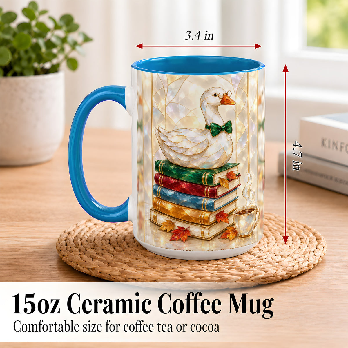 #pl[15oz|Blue] Bookish Bird Coffee Mug, Autumn Reader Mug, Ceramic Cup for Cozy Desks