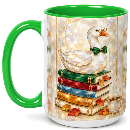 #pl[15oz|Green] Bookish Bird Coffee Mug, Autumn Reader Mug, Ceramic Cup for Cozy Desks