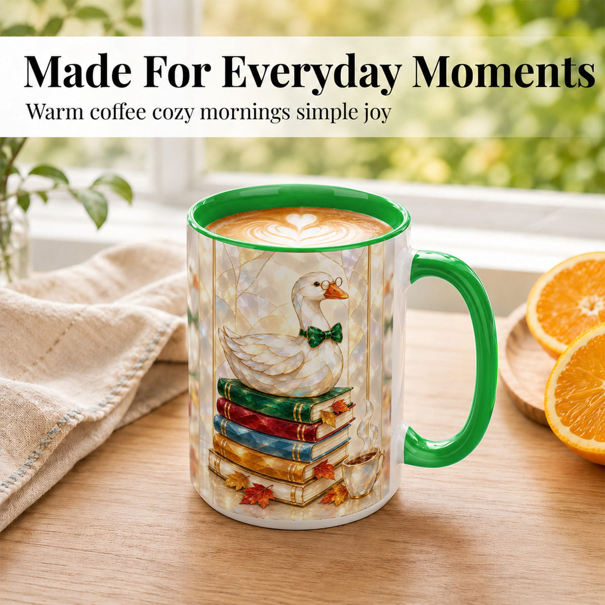#pl[15oz|Green] Bookish Bird Coffee Mug, Autumn Reader Mug, Ceramic Cup for Cozy Desks
