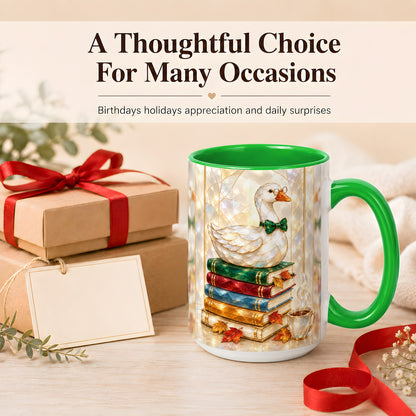 #pl[15oz|Green] Bookish Bird Coffee Mug, Autumn Reader Mug, Ceramic Cup for Cozy Desks