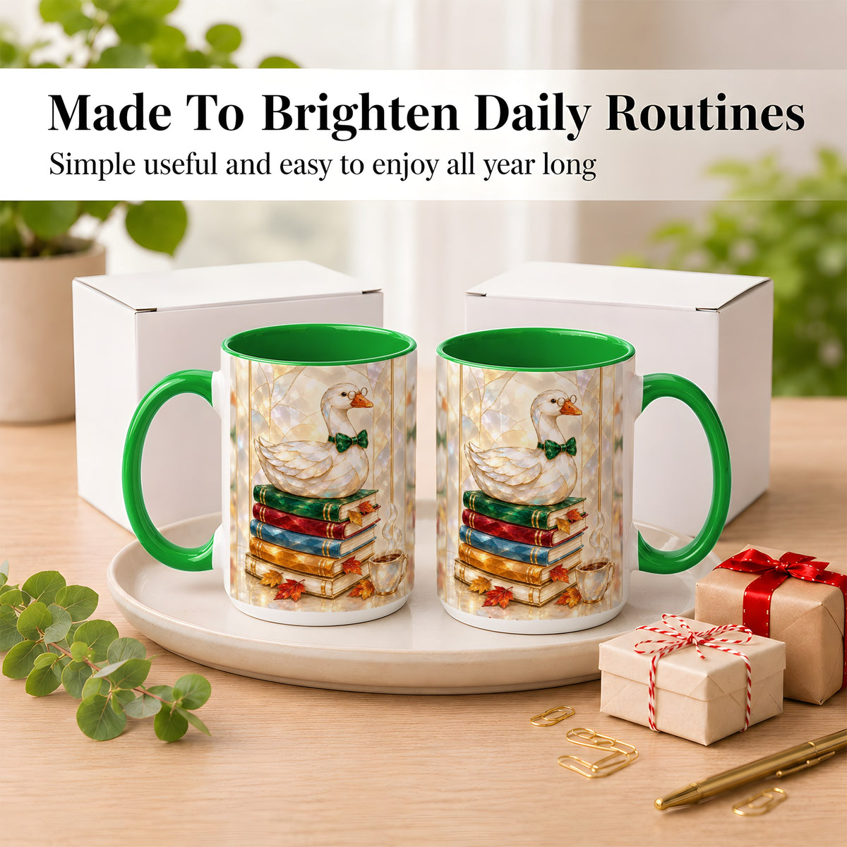 #pl[15oz|Green] Bookish Bird Coffee Mug, Autumn Reader Mug, Ceramic Cup for Cozy Desks