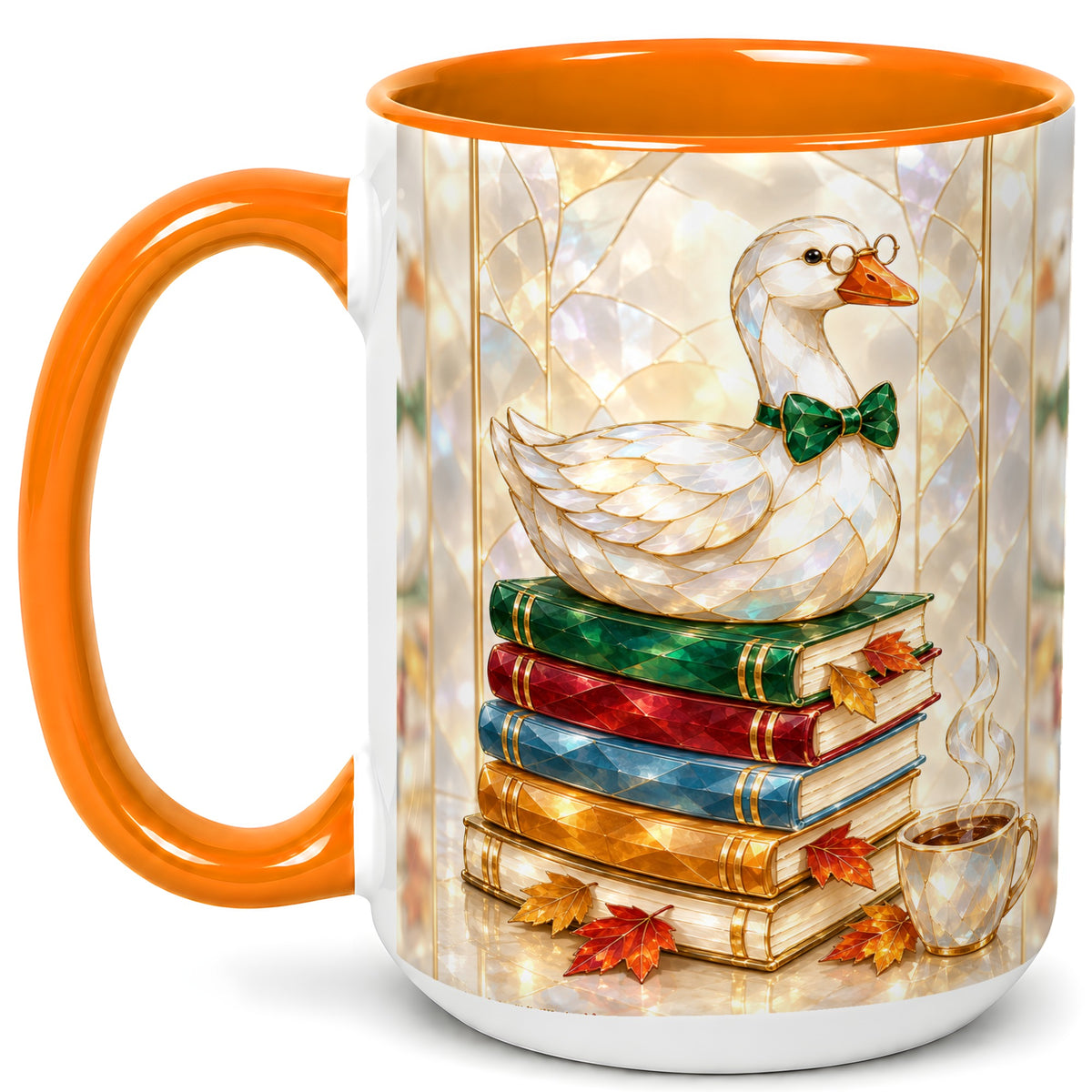 #pl[15oz|Orange] Bookish Bird Coffee Mug, Autumn Reader Mug, Ceramic Cup for Cozy Desks