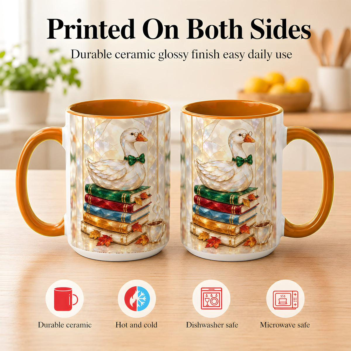 #pl[15oz|Orange] Bookish Bird Coffee Mug, Autumn Reader Mug, Ceramic Cup for Cozy Desks