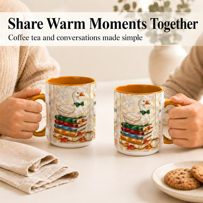#pl[15oz|Orange] Bookish Bird Coffee Mug, Autumn Reader Mug, Ceramic Cup for Cozy Desks