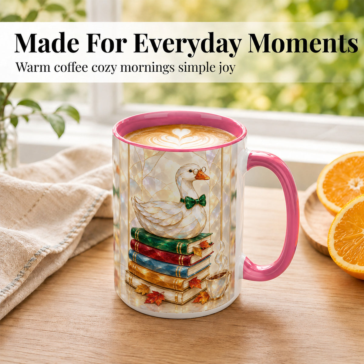#pl[15oz|Pink] Bookish Bird Coffee Mug, Autumn Reader Mug, Ceramic Cup for Cozy Desks