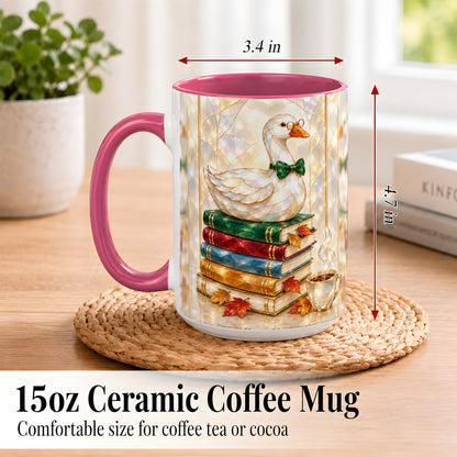 #pl[15oz|Pink] Bookish Bird Coffee Mug, Autumn Reader Mug, Ceramic Cup for Cozy Desks