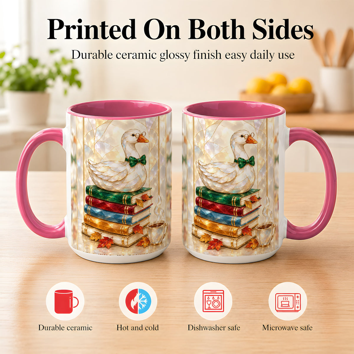 #pl[15oz|Pink] Bookish Bird Coffee Mug, Autumn Reader Mug, Ceramic Cup for Cozy Desks