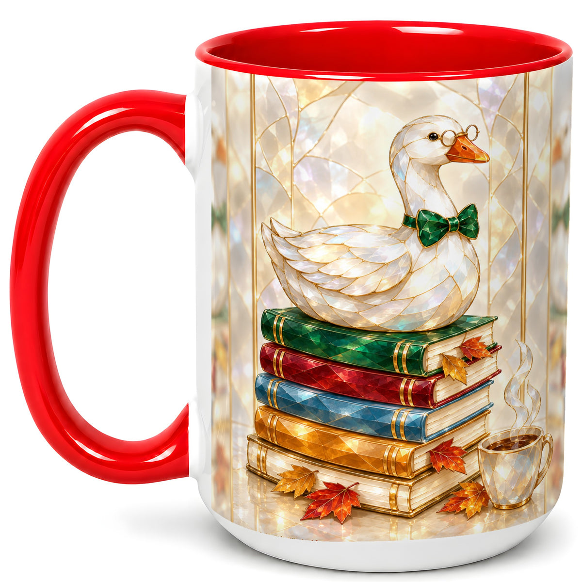 #pl[15oz|Red] Bookish Bird Coffee Mug, Autumn Reader Mug, Ceramic Cup for Cozy Desks