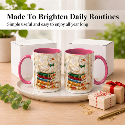 #pl[15oz|Pink] Bookish Bird Coffee Mug, Autumn Reader Mug, Ceramic Cup for Cozy Desks