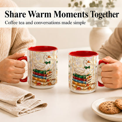 #pl[15oz|Red] Bookish Bird Coffee Mug, Autumn Reader Mug, Ceramic Cup for Cozy Desks