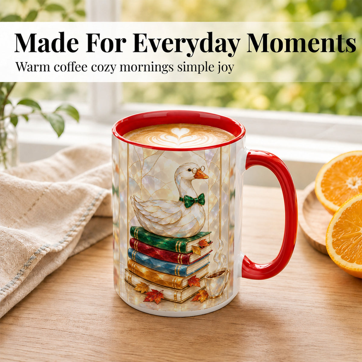 #pl[15oz|Red] Bookish Bird Coffee Mug, Autumn Reader Mug, Ceramic Cup for Cozy Desks