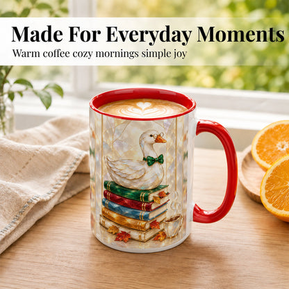 #pl[15oz|Red] Bookish Bird Coffee Mug, Autumn Reader Mug, Ceramic Cup for Cozy Desks