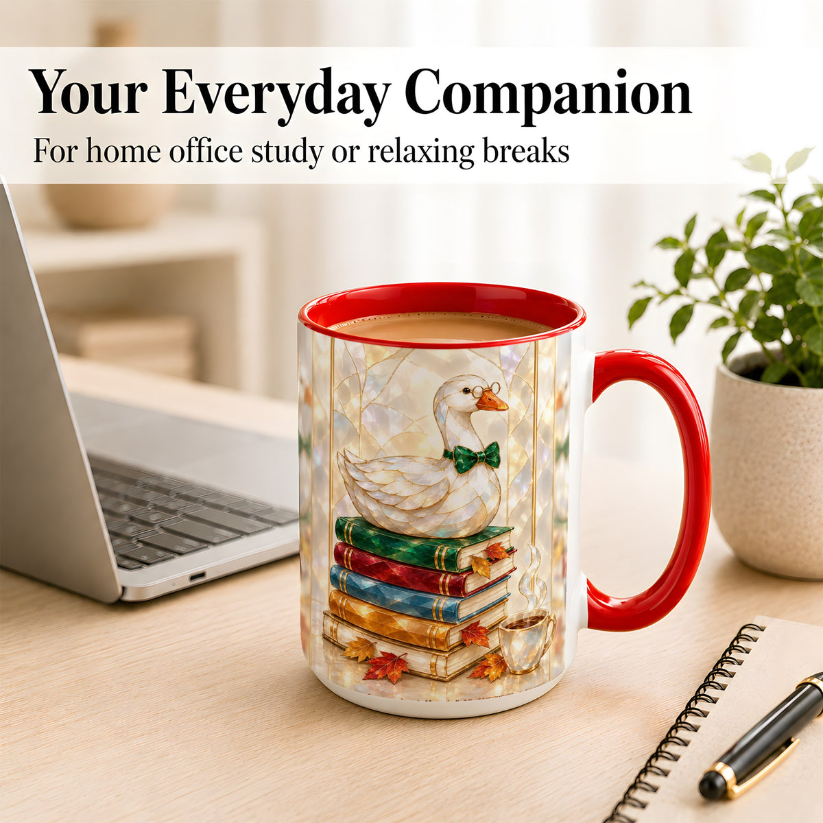 #pl[15oz|Red] Bookish Bird Coffee Mug, Autumn Reader Mug, Ceramic Cup for Cozy Desks