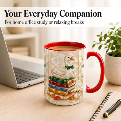 #pl[15oz|Red] Bookish Bird Coffee Mug, Autumn Reader Mug, Ceramic Cup for Cozy Desks