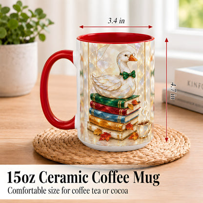 #pl[15oz|Red] Bookish Bird Coffee Mug, Autumn Reader Mug, Ceramic Cup for Cozy Desks