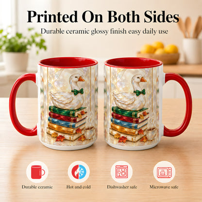 #pl[15oz|Red] Bookish Bird Coffee Mug, Autumn Reader Mug, Ceramic Cup for Cozy Desks