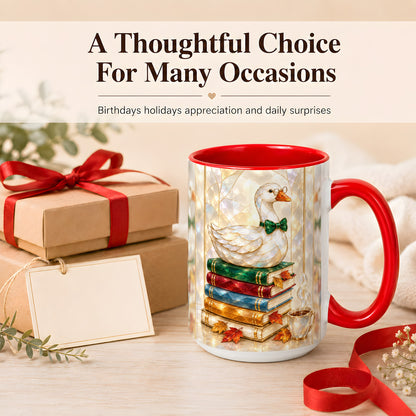 #pl[15oz|Red] Bookish Bird Coffee Mug, Autumn Reader Mug, Ceramic Cup for Cozy Desks