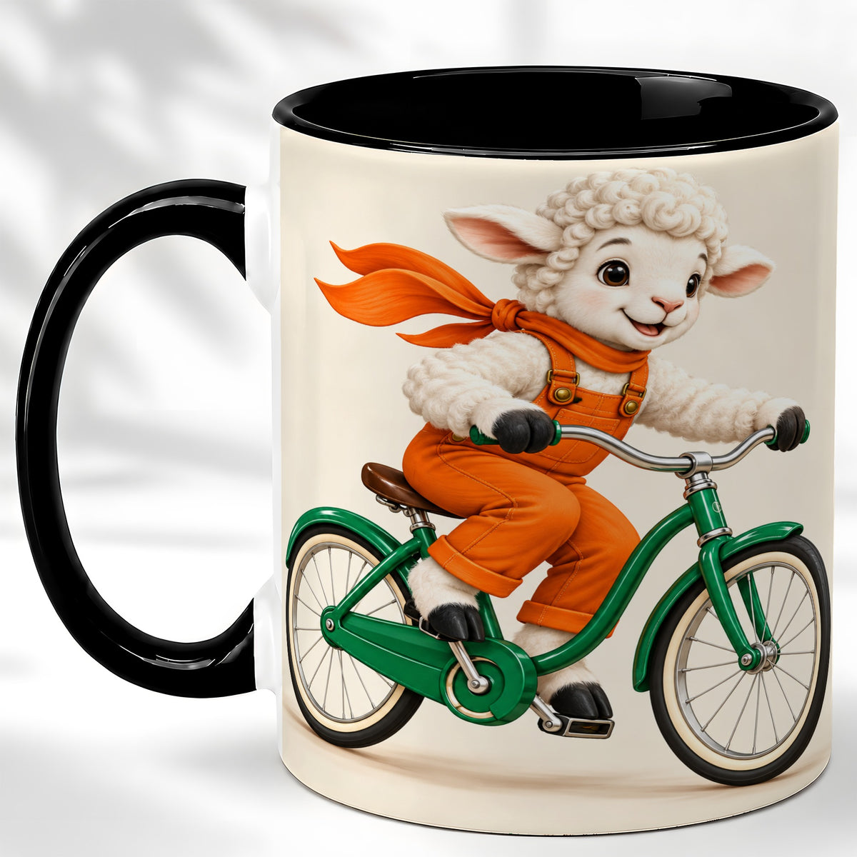 #pl[11oz|Black] Cycling Lamb Coffee Mug, Cute Bicycle Mug, Ceramic Cup for Happy Mornings