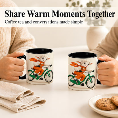 #pl[11oz|Black] Cycling Lamb Coffee Mug, Cute Bicycle Mug, Ceramic Cup for Happy Mornings