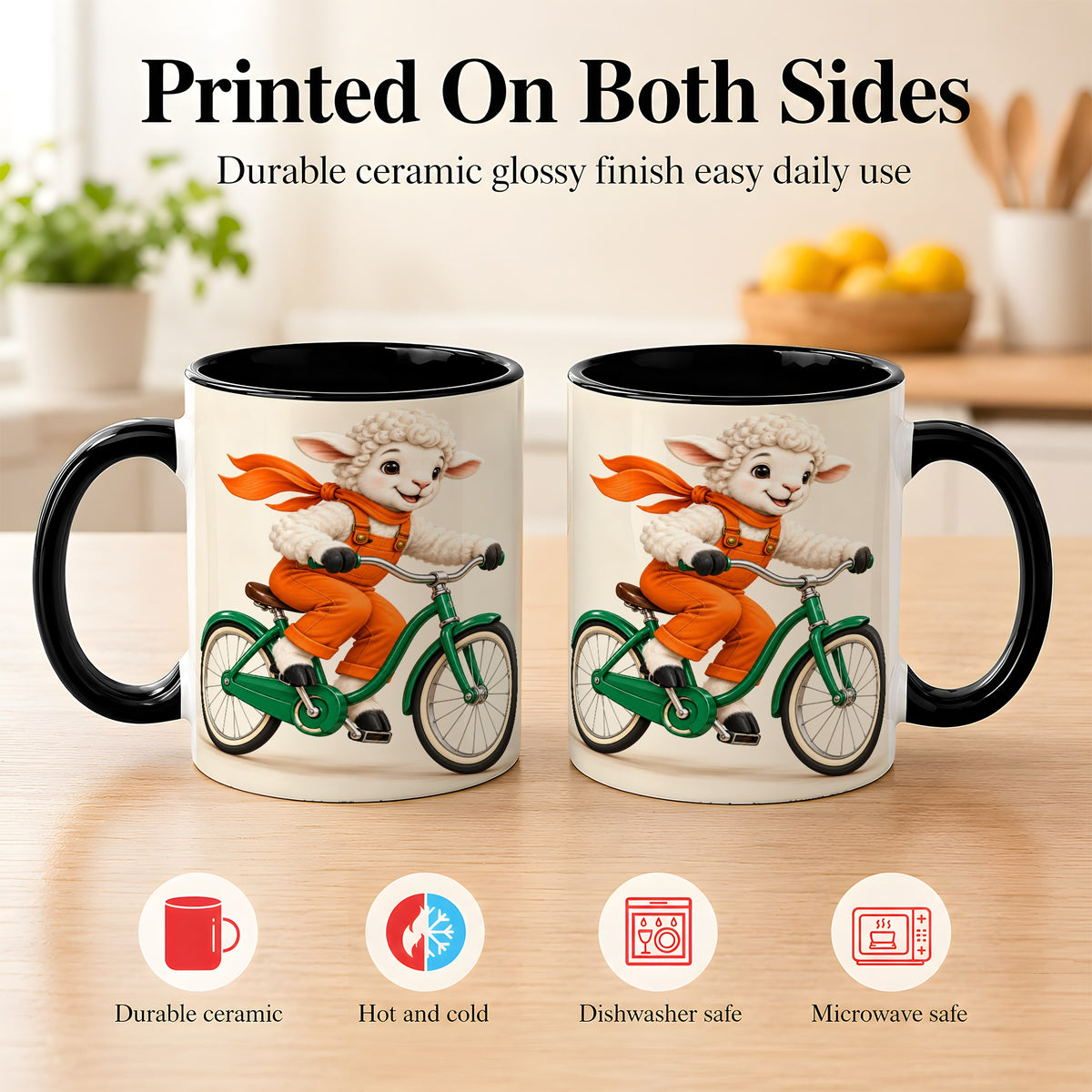 #pl[11oz|Black] Cycling Lamb Coffee Mug, Cute Bicycle Mug, Ceramic Cup for Happy Mornings