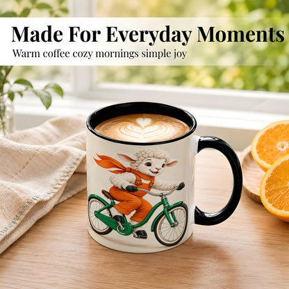 #pl[11oz|Black] Cycling Lamb Coffee Mug, Cute Bicycle Mug, Ceramic Cup for Happy Mornings